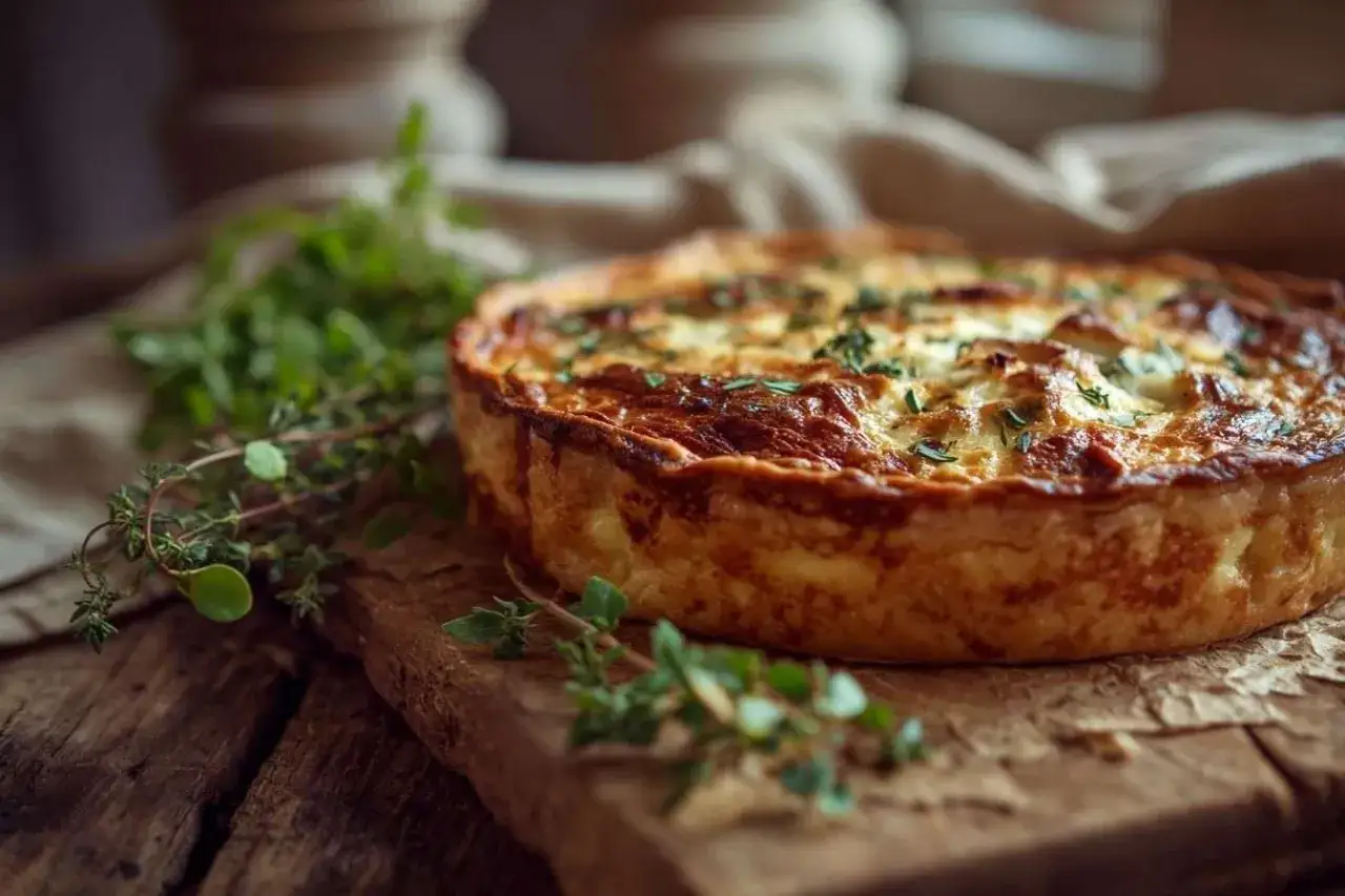 Une d&eacute;licieuse quiche lorraine, plat originaire de Lorraine, garnie d'herbes fra&icirc;ches sur une planche en bois rustique.