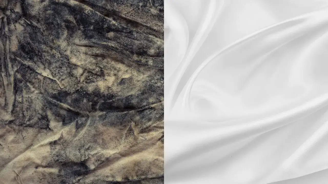 Texture contrast : un tissu sale et froiss&eacute; &agrave; gauche, un tissu blanc soyeux &agrave; droite, comme pour d&eacute;tacher un tee-shirt blanc.