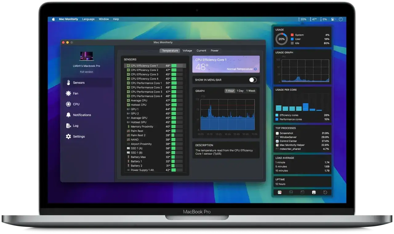 Monitoraggio temperatura CPU su MacBook Pro. Grafico mostra la temperatura del core CPU 1 a 48&deg;.