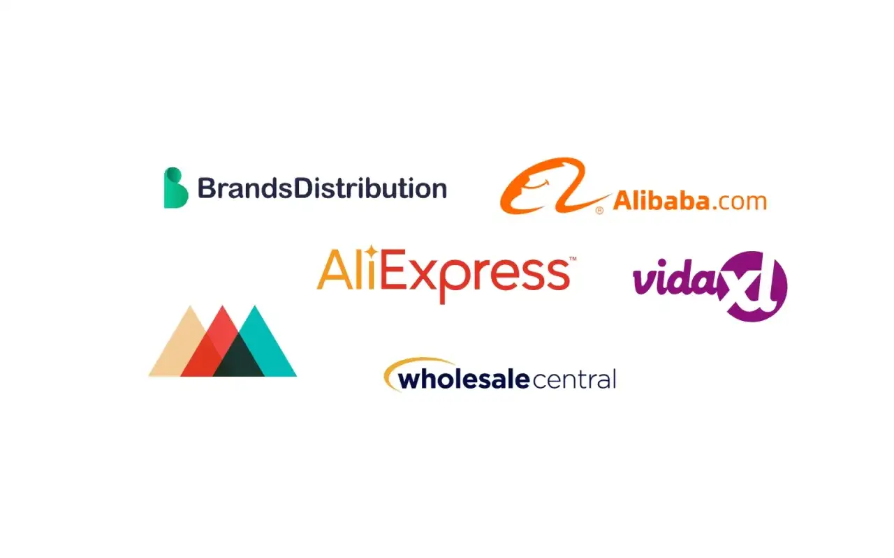 Loghi di piattaforme per imparare come fare dropshipping: BrandsDistribution, Alibaba, AliExpress, vidaxl, Wholesale Central.