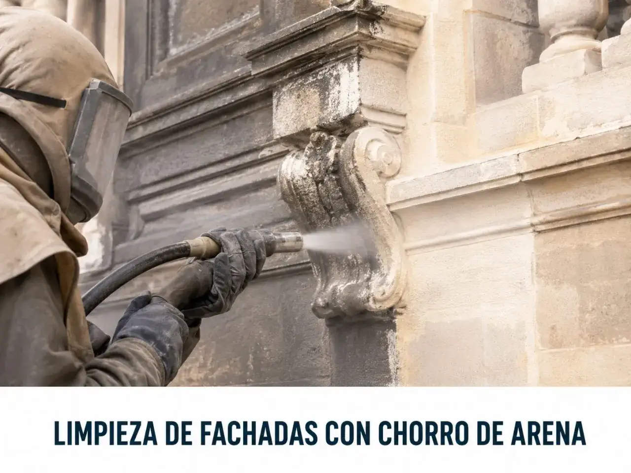 Restauraci&oacute;n de fachadas con limpieza con chorro de arena. Un operario con equipo de protecci&oacute;n limpia detalles ornamentales de piedra.