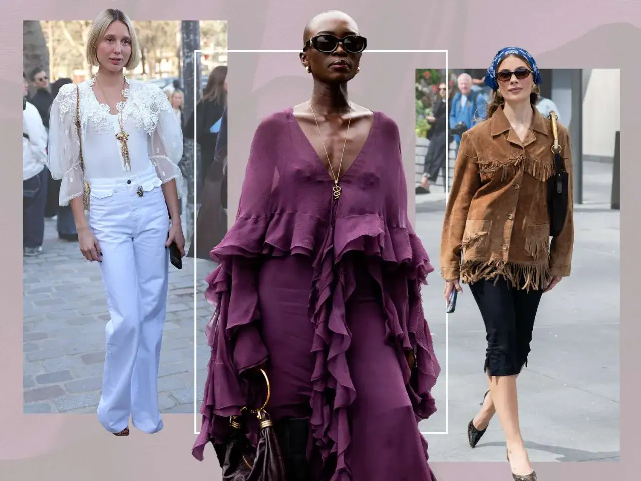Trzy kobiety w stylizacjach boho: biała koronka i dzwony, fioletowa sukienka z falbanami, brązowa kurtka z frędzlami.