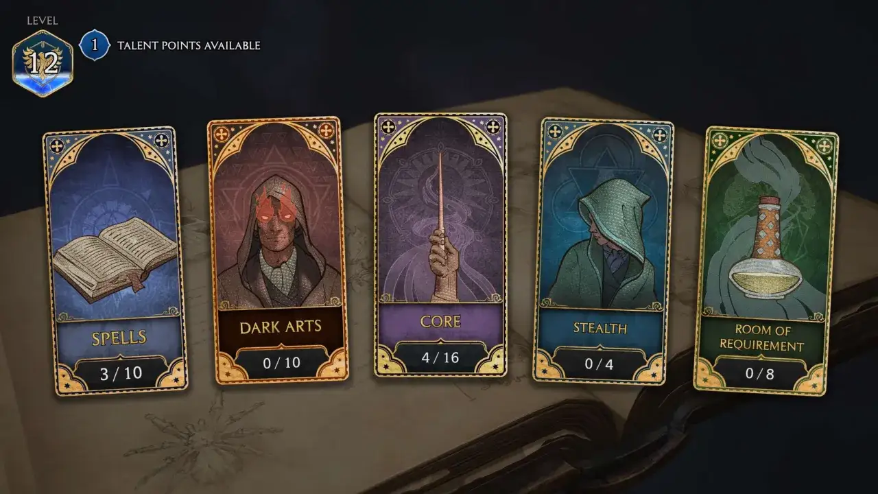 Talenty w Hogwarts Legacy: karty Spells, Dark Arts, Core, Stealth i Room of Requirement. Poziom 12, 1 punkt talentu do wydania.