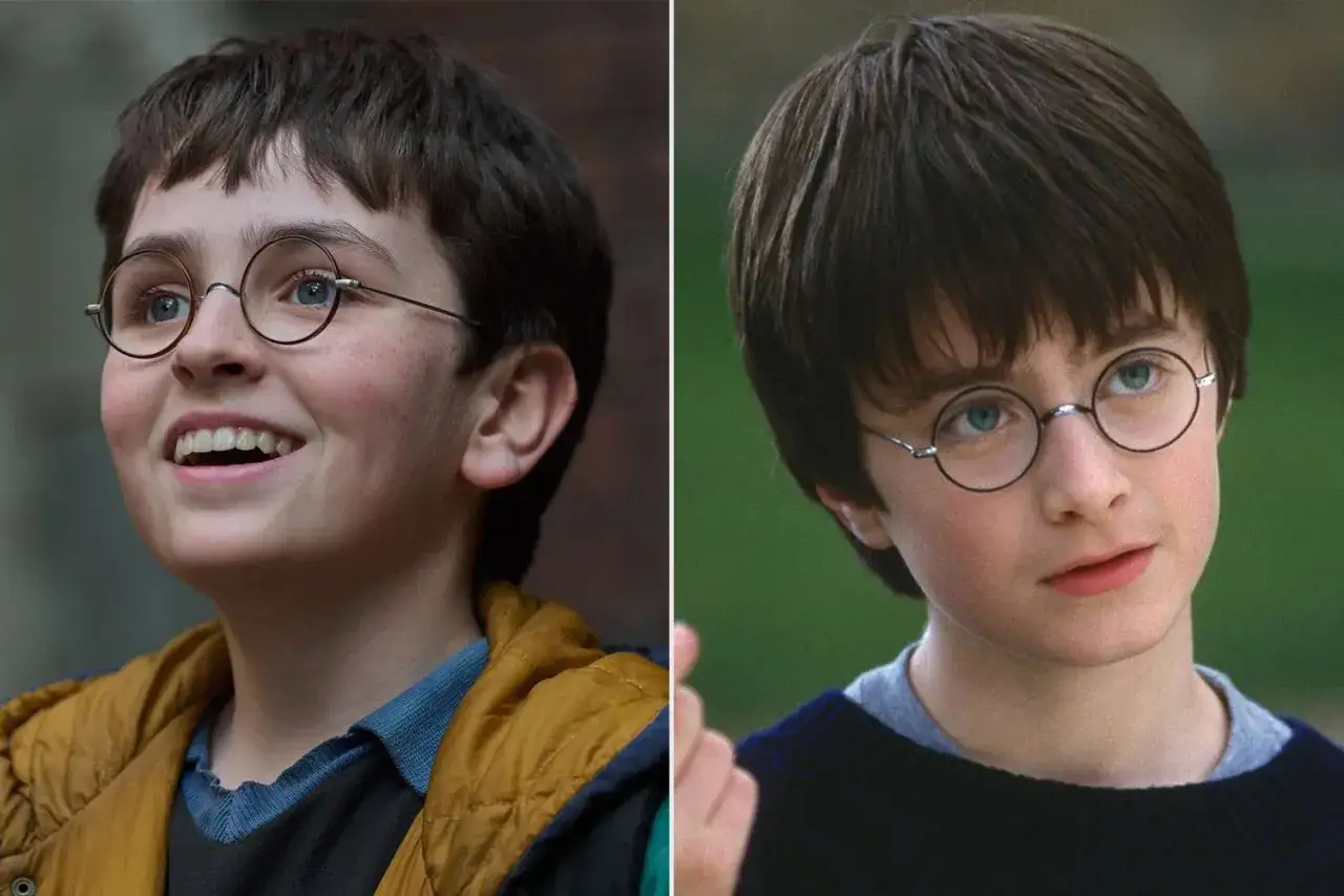 Dwa ujęcia młodego Harry'ego Pottera w okularach. Po lewej uśmiechnięty chłopiec, po prawej bardziej poważny. Serialowy **serial harry potter** w pigułce.