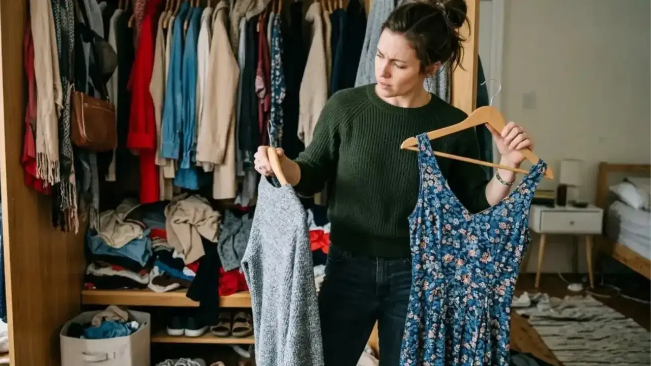 Frau w&auml;hlt zwischen einem grauen Pullover und einem gebl&uuml;mten Kleid. Ein voller Kleiderschrank spiegelt die Herausforderung wider, **fast fashion** und **slow fashion** zu vereinen.