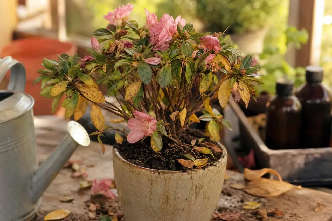 Un azalée en pot, ses feuilles sèches jaunissent et tombent. Une arrosoir en métal est à côté, prêt à lui redonner vie.