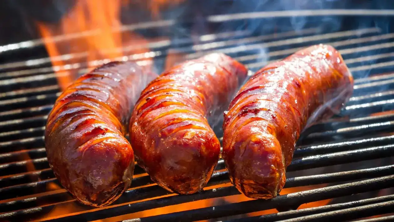 Trois saucisses de bœuf grillent sur un barbecue, leurs jus pétillent sous les flammes vives. La cuisson saucisse de bœuf barbecue est à son apogée.
