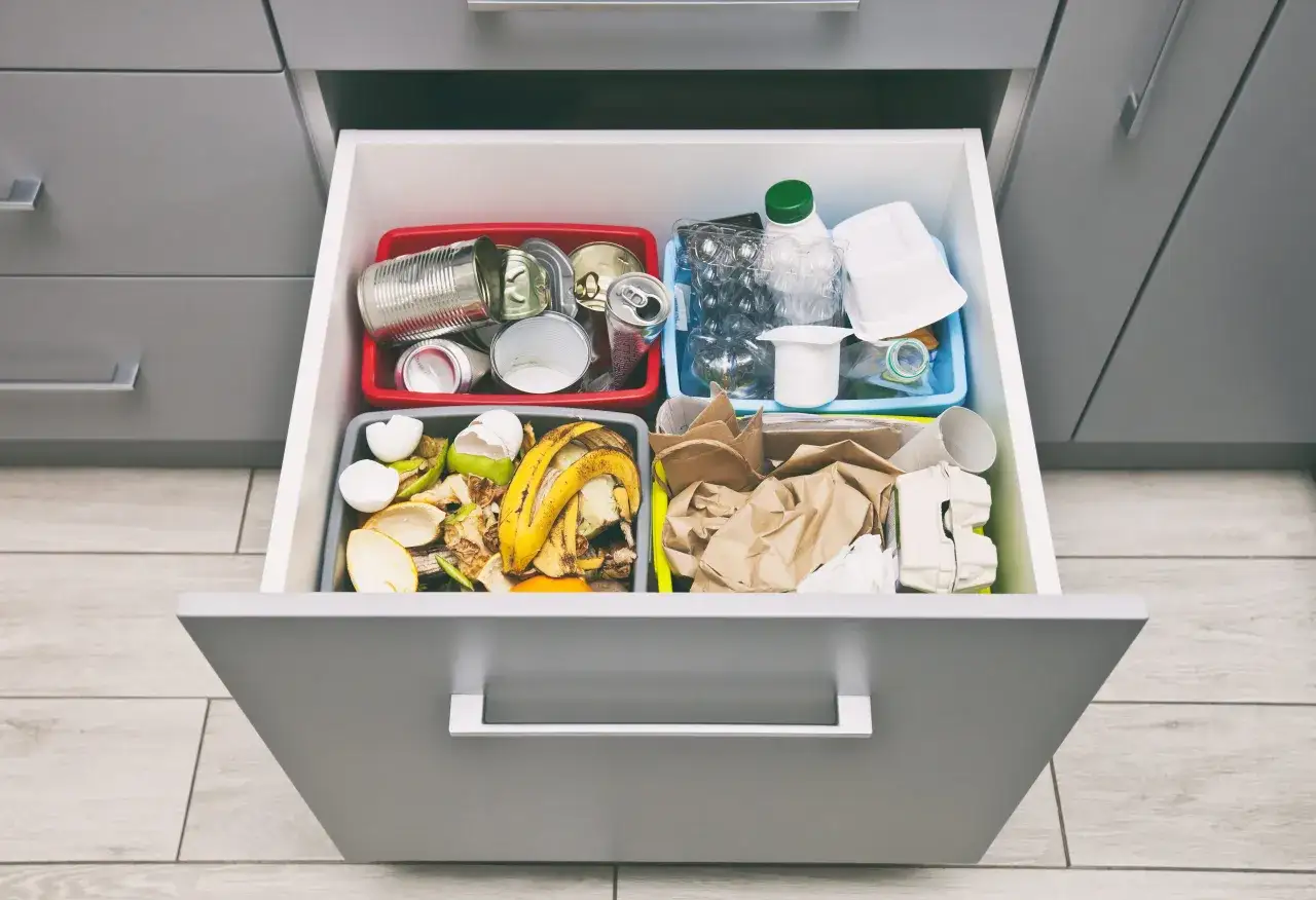 Otwarta szuflada z segregowanymi odpadami: puszki, plastik, skorupki jajek i resztki jedzenia. Zastanawiasz się, dlaczego w koszu na śmieci śmierdzi mimo stosowania worków i częstego opróżniania?