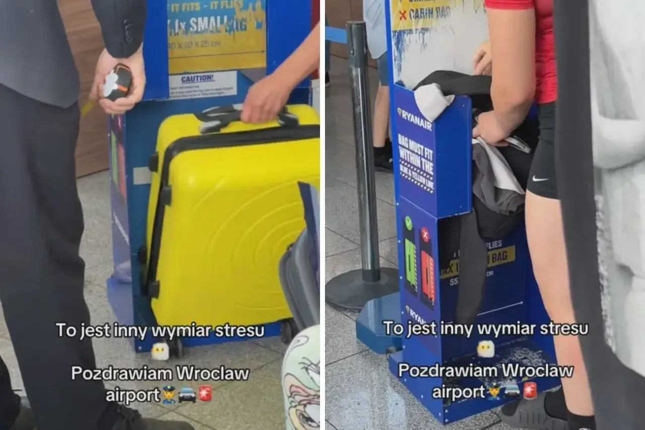 Wrocław: czy Ryanair mierzy plecaki? Żółta walizka i torba próbują zmieścić się w gabarytach.