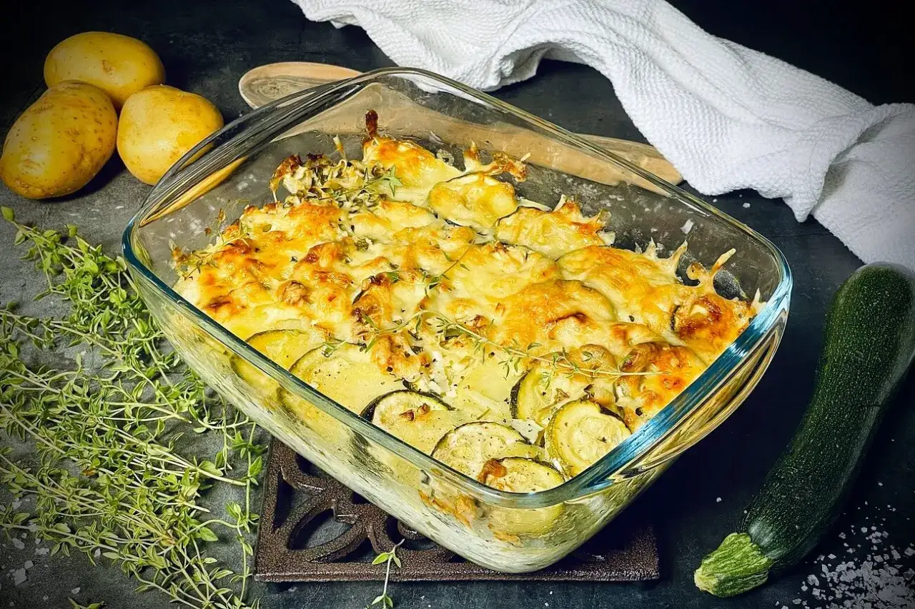 Goldbraun &uuml;berbackener Zucchini-Kartoffel-Auflauf mit K&auml;se und Kr&auml;utern, der beste zucchini-auflauf f&uuml;r ein gem&uuml;tliches Abendessen.