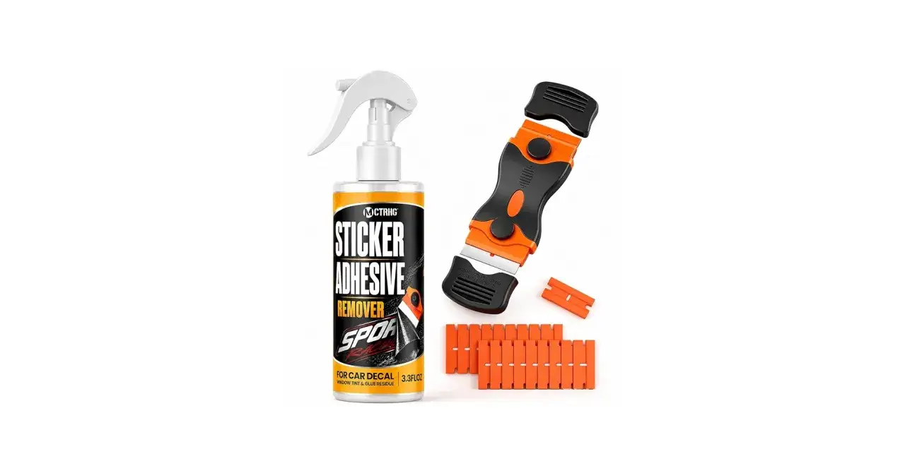 Kit för att ta bort limrester från dekaler. Innehåller sprayflaska med klisterborttagning och skrapa med extra blad.