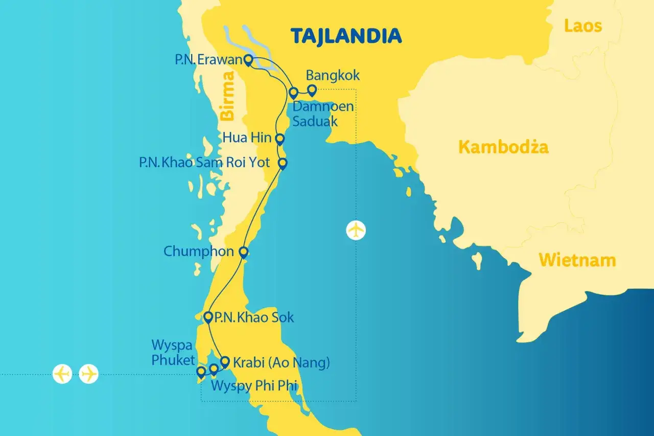 Mapa Tajlandii z zaznaczonymi trasami i miejscami: Bangkok, Phuket, Krabi. Planujesz podróż? Dowiedz się, kiedy najlepiej lecieć na Phuket!