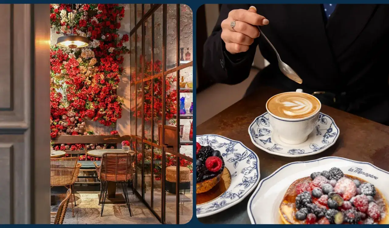 Un caffè con schiuma perfetta e dolci ai frutti di bosco, in un ambiente fiorito, ideale per San Valentino.