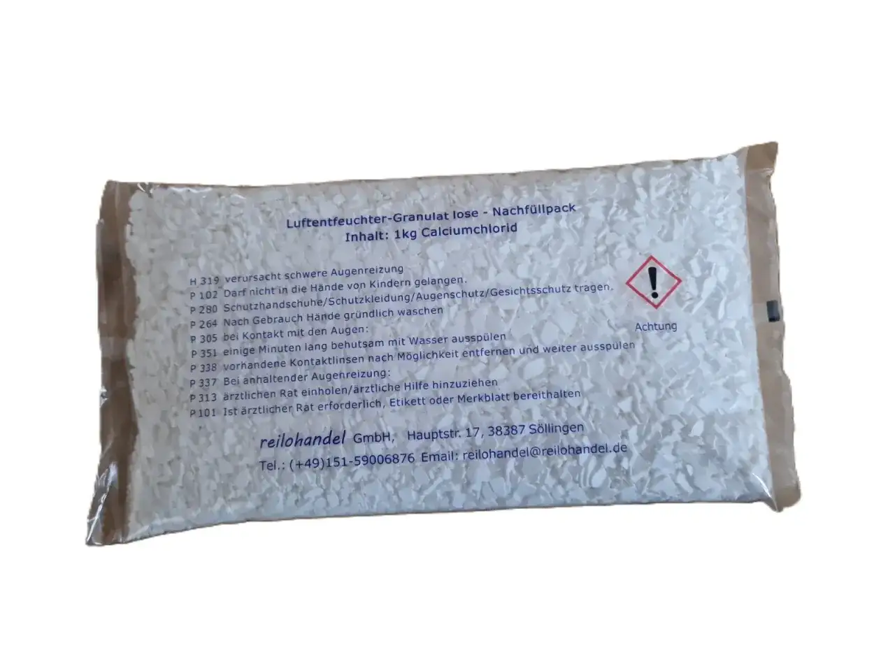 Luftentfeuchter-Granulat lose, 1kg Calciumchlorid. Das Granulat wird hart, wenn es mit Feuchtigkeit in Kontakt kommt. Vorsicht bei Augenreizung.