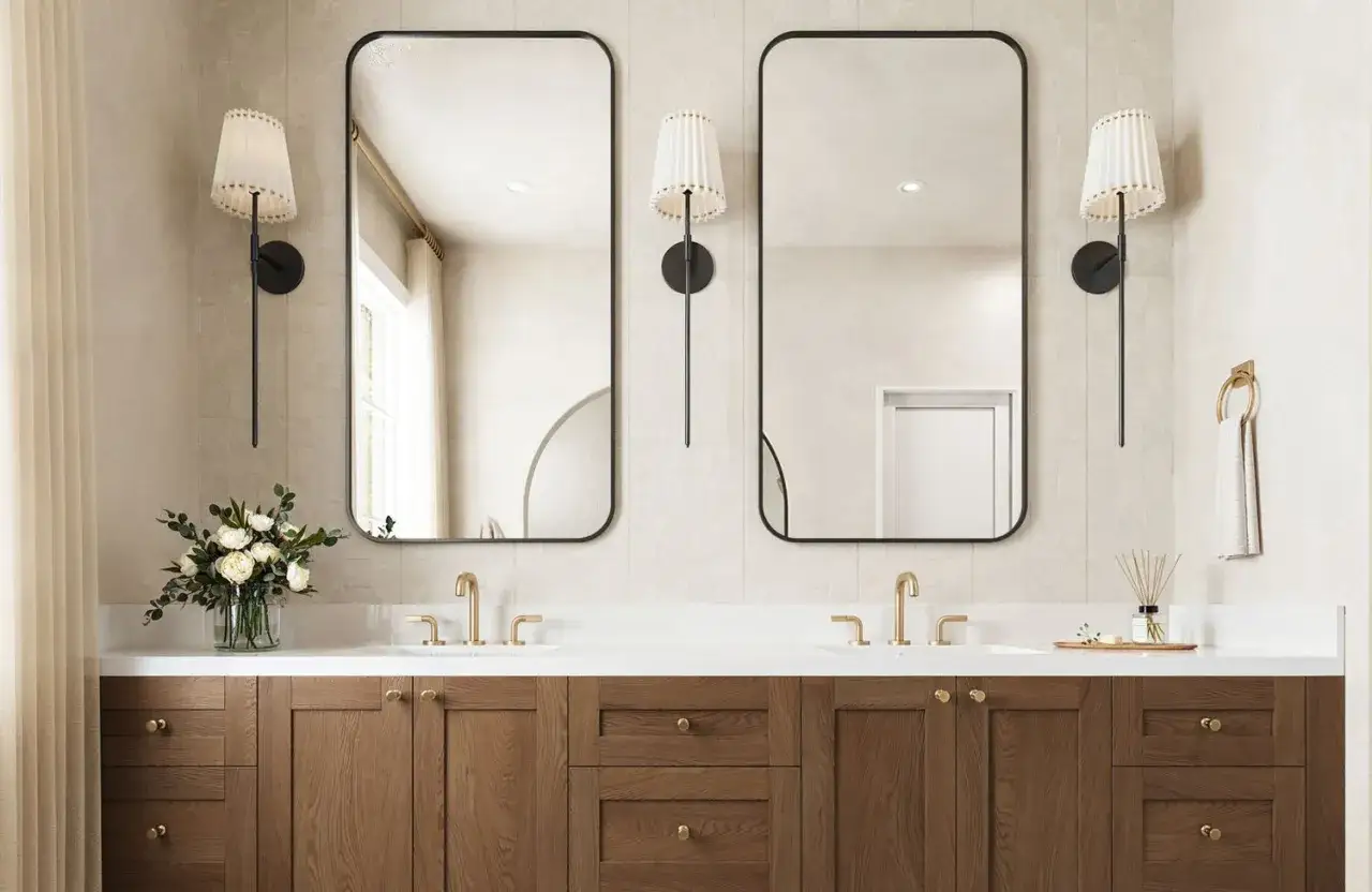 Elegant bathroom vanity with two mirrors and wall sconces that cast light up and down.