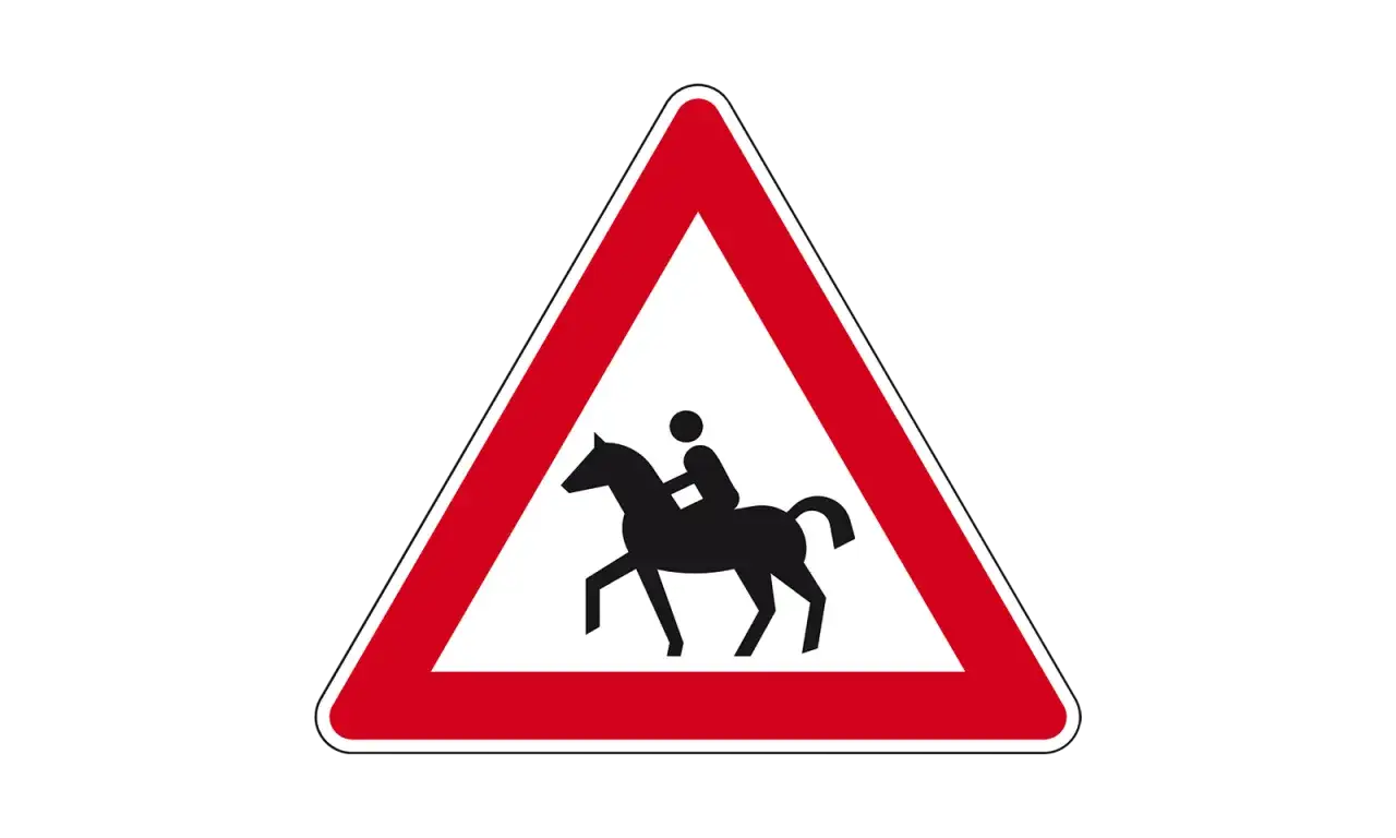 Rotes dreieck mit schwarzem Reiter auf Pferd. Die Bedeutung: Achtung, Reiter!