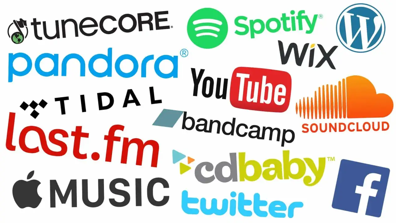 Logos de plateformes musicales et de cr&eacute;ation de contenu. Id&eacute;al pour mettre sa musique en ligne gratuitement et toucher un large public.
