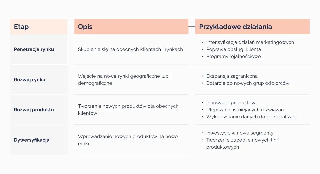 Tabela przedstawia rodzaje strategii marketingowych: penetracja, rozw&oacute;j rynku, produktu i dywersyfikacja, wraz z opisami i przykładami działań.