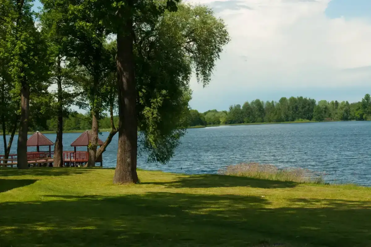 Malownicze jezioro Wilczyńskie z altanami na brzegu, otoczone zielenią.