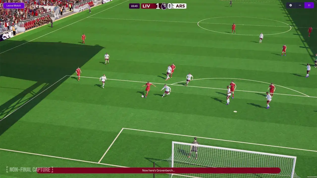 Jugadores en un partido de fútbol virtual, con el marcador LIV 1-0 ARS. Una escena típica de **football manager 2026**.