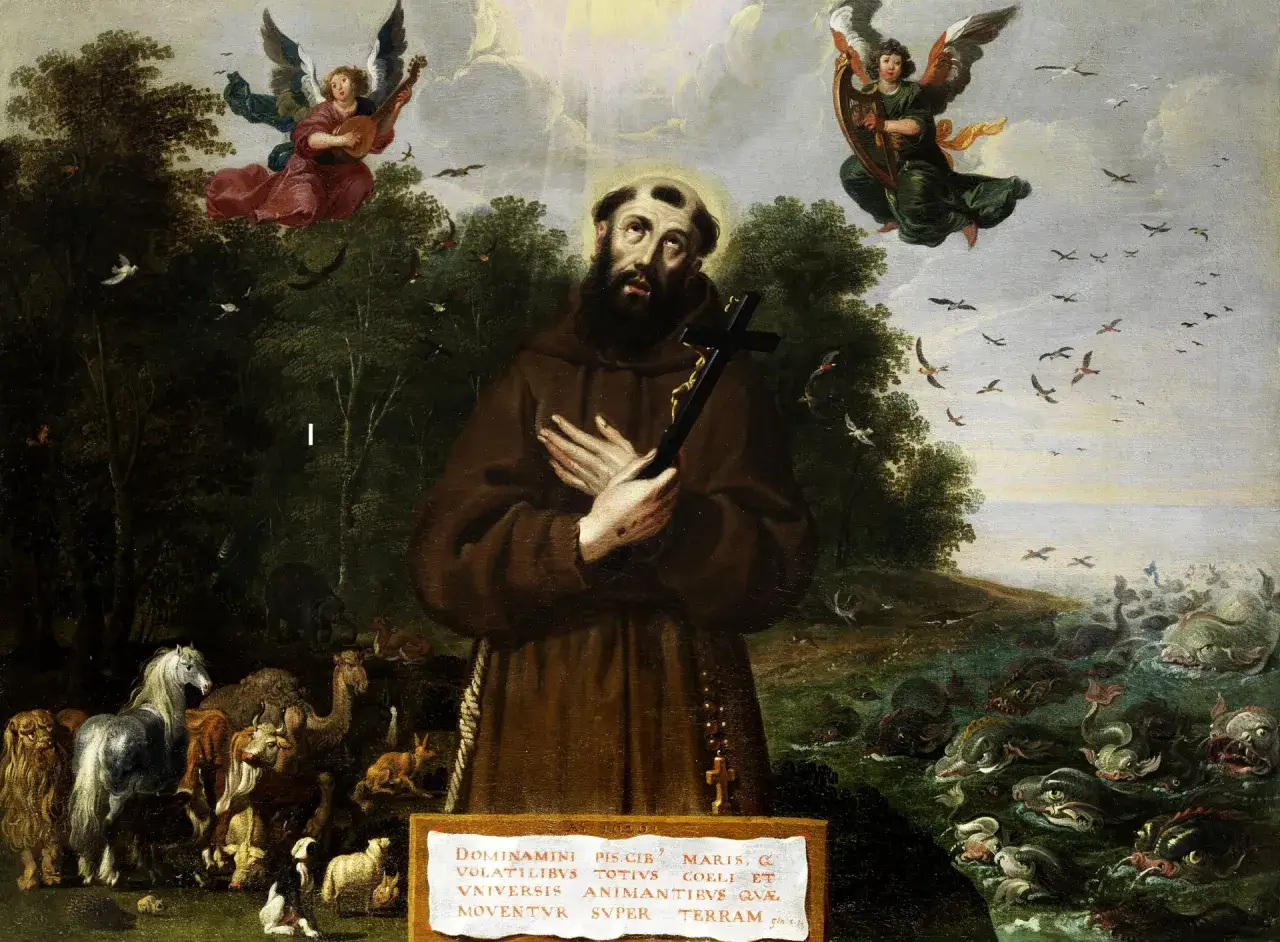Święty Franciszek z Asyżu, patron franciszkanizmu, otoczony zwierzętami i aniołami grającymi na instrumentach.