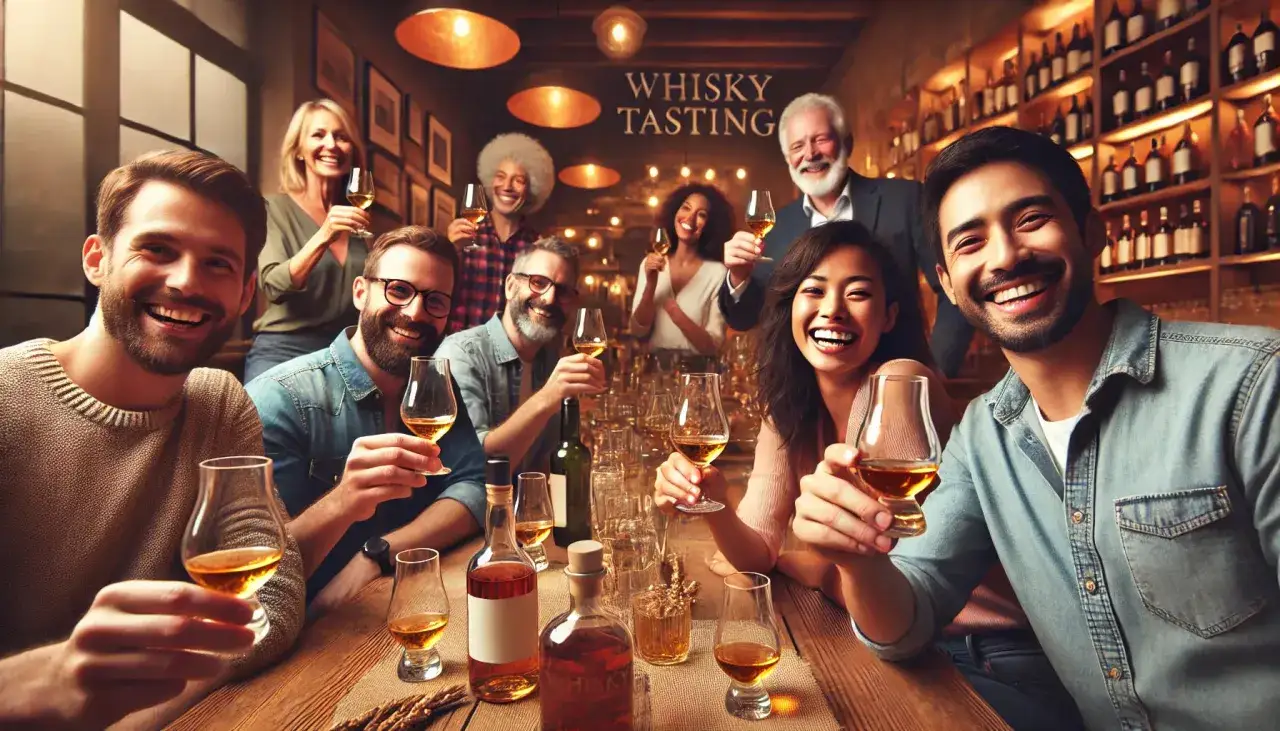Fr&ouml;hliche Menschen sto&szlig;en mit Whiskygl&auml;sern an. Eine Gruppe feiert den Welt Whisky Tag in einer stilvollen Bar mit Regalen voller Flaschen.
