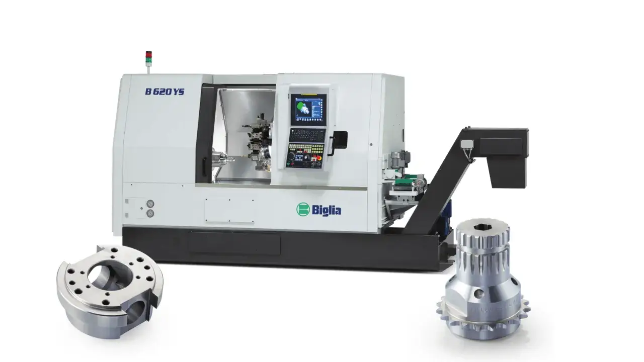 Macchina **biglia torni** B 620YS con pezzi lavorati.