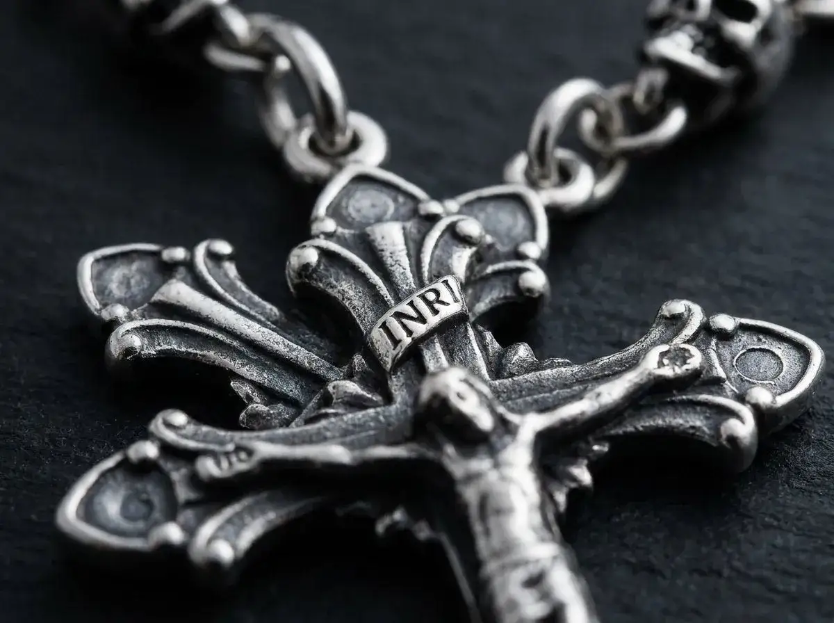 Srebrny krzyż z napisem INRI, przedstawiający ukrzyżowanego Jezusa. Detale krzyża są bogato zdobione, a całość zawieszona na łańcuszku.