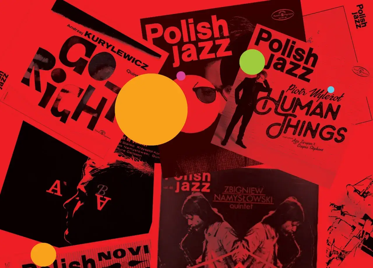 Kolaż okładek płyt z muzyką jazzową. Widać napisy 
