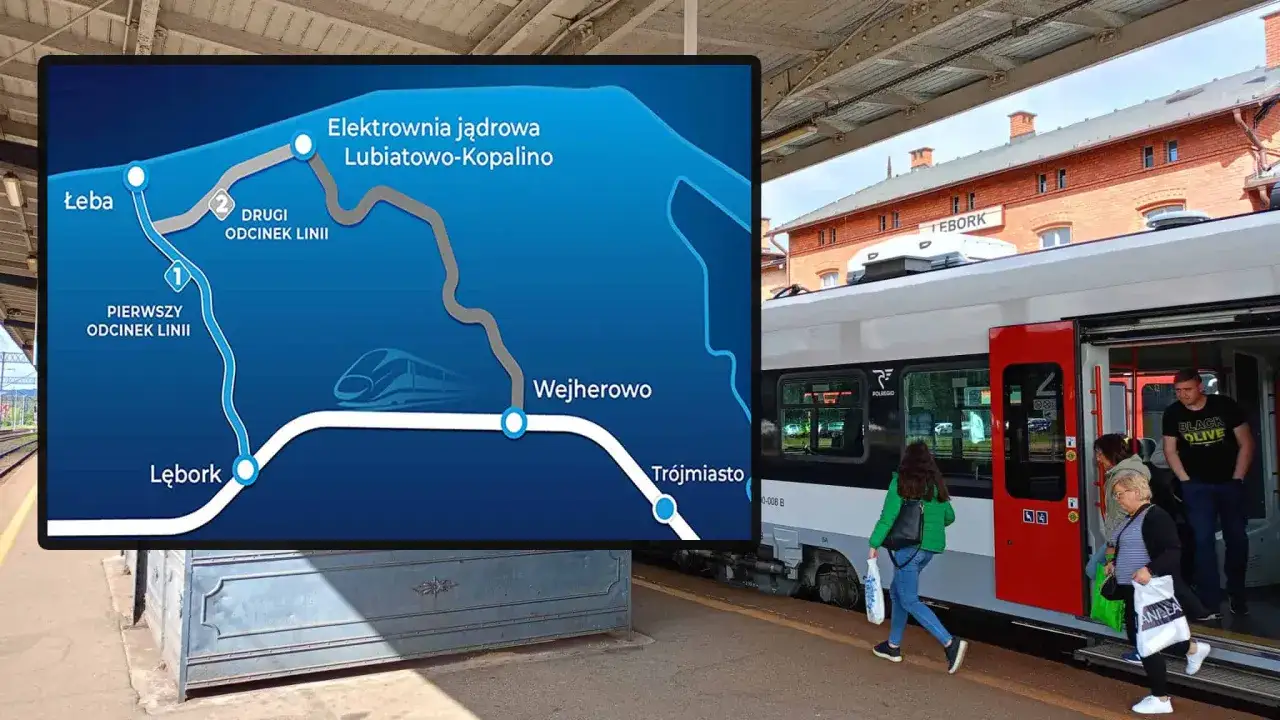 Mapa pokazuje trasę kolejową z Lęborka do Łeby. Ile jest kilometrów z Lęborka do Łeby? Pociąg Polregio czeka na pasażerów.