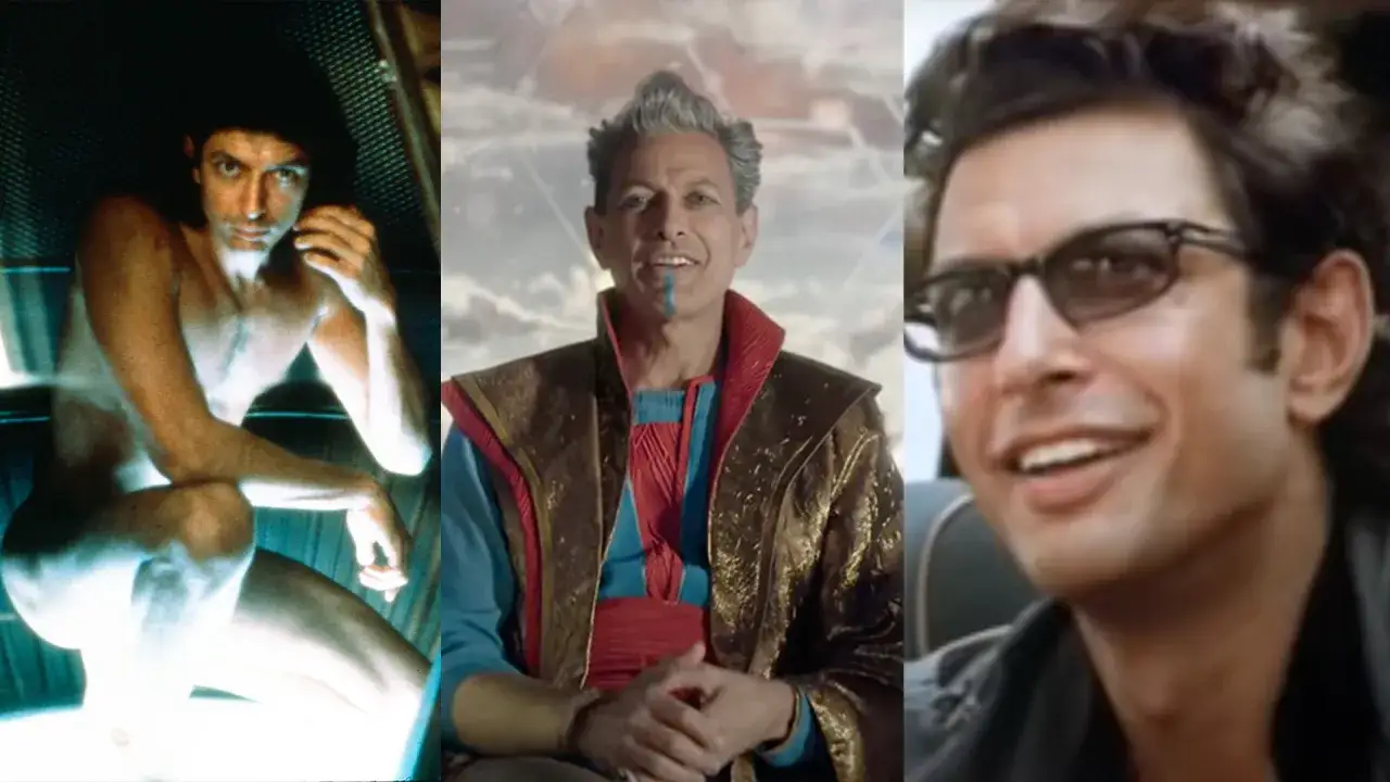 Jeff Goldblum w filmach: nagi w The Fly, jako Grandmaster w Thor: Ragnarok i w okularach w Jurassic Park.