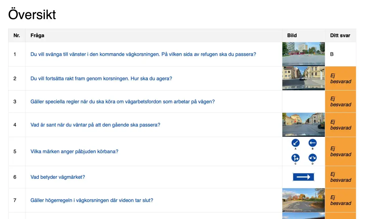 Här är en översikt som visar hur teoriprovet ser ut, med frågor, bilder och svar.