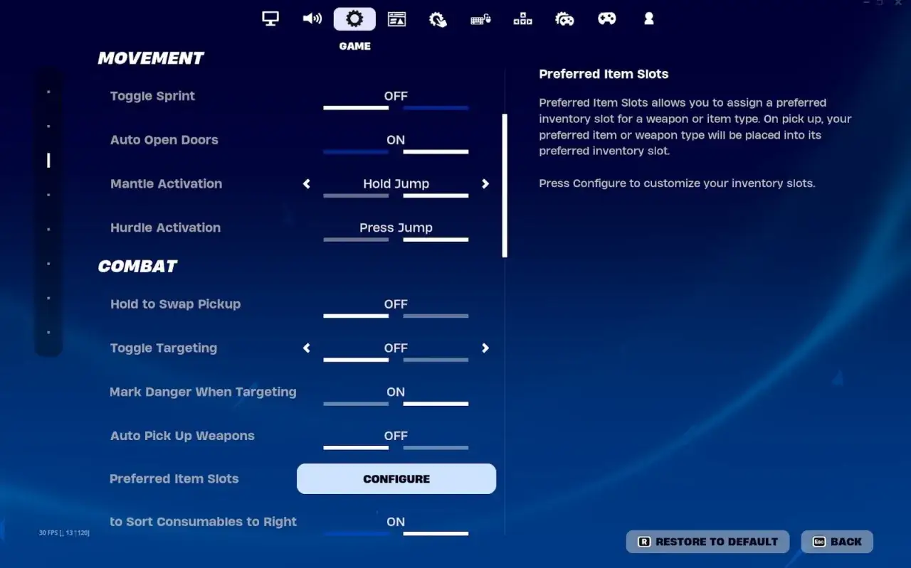 Ustawienia gry Fortnite: zakładka 