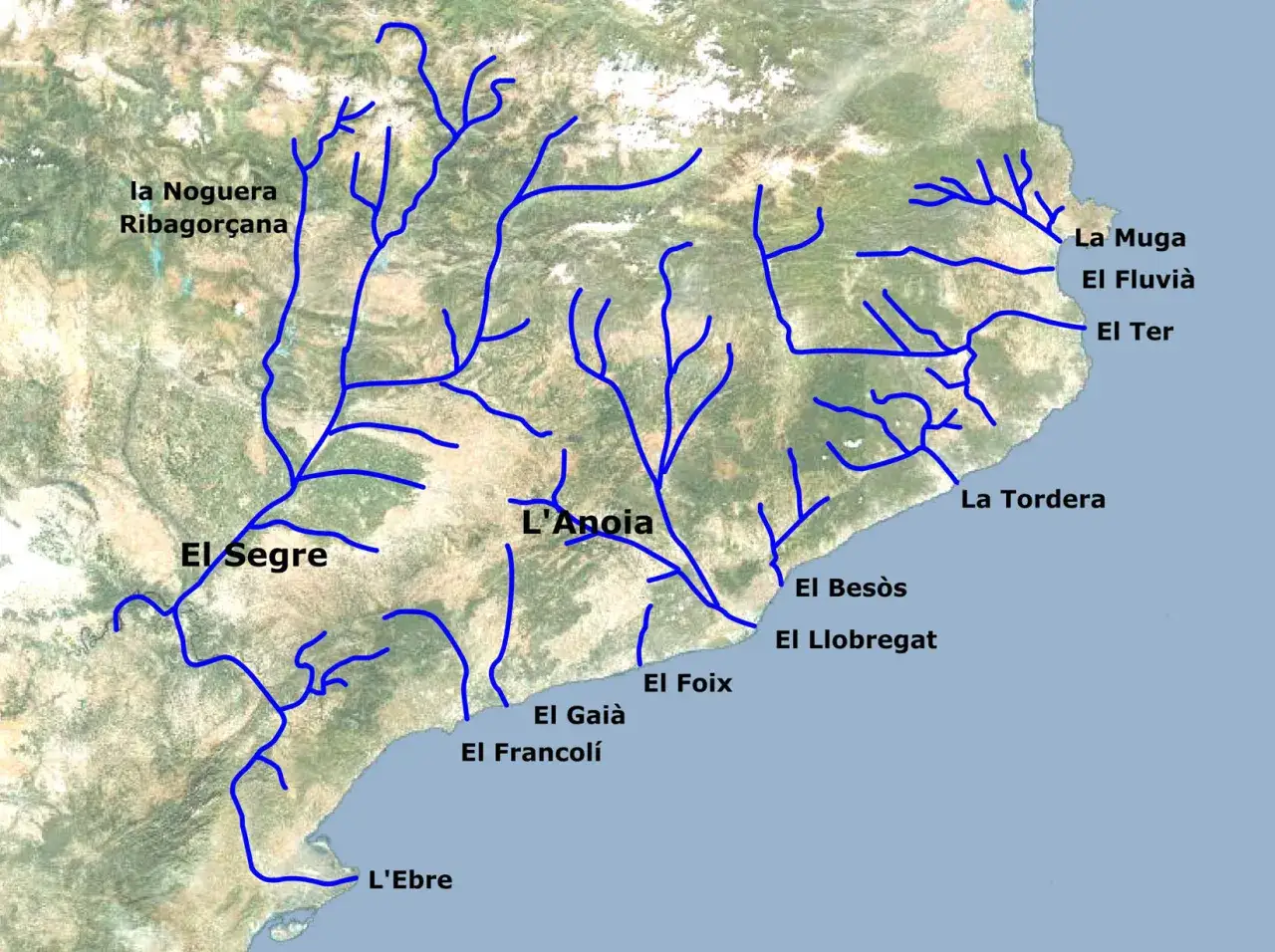 Mapa de los r&iacute;os en Tarragona y Catalu&ntilde;a, mostrando el Ebro, Segre, Francol&iacute; y otros afluentes que desembocan en el mar Mediterr&aacute;neo.
