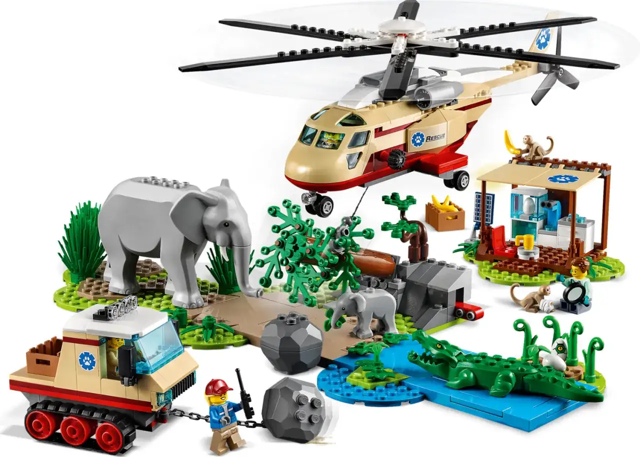 Zestaw lego 60302: ratownicy w akcji z helikopterem, słoniami, krokodylem i innymi zwierzętami.