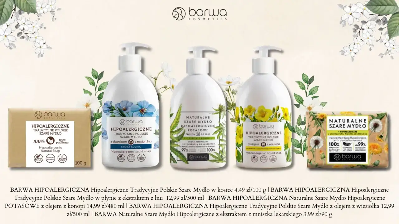 Barwa Cosmetics: hipoalergiczne szare mydło w kostce i płynie, z ekstraktami z lnu, konopi i wiesiołka, dla skóry suchej i alergicznej.