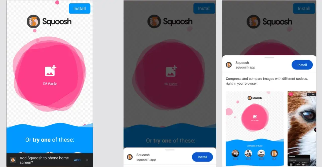 Interface d'une application PWA Android pour compresser des images. Bouton 