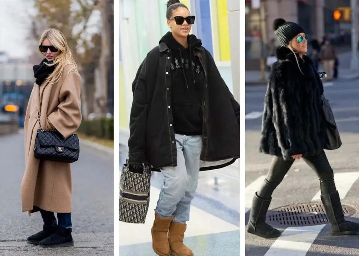 Trois femmes arborent des tenues d'hiver stylées. L'une porte une tenue avec ugg noir, un manteau camel et un sac Chanel.