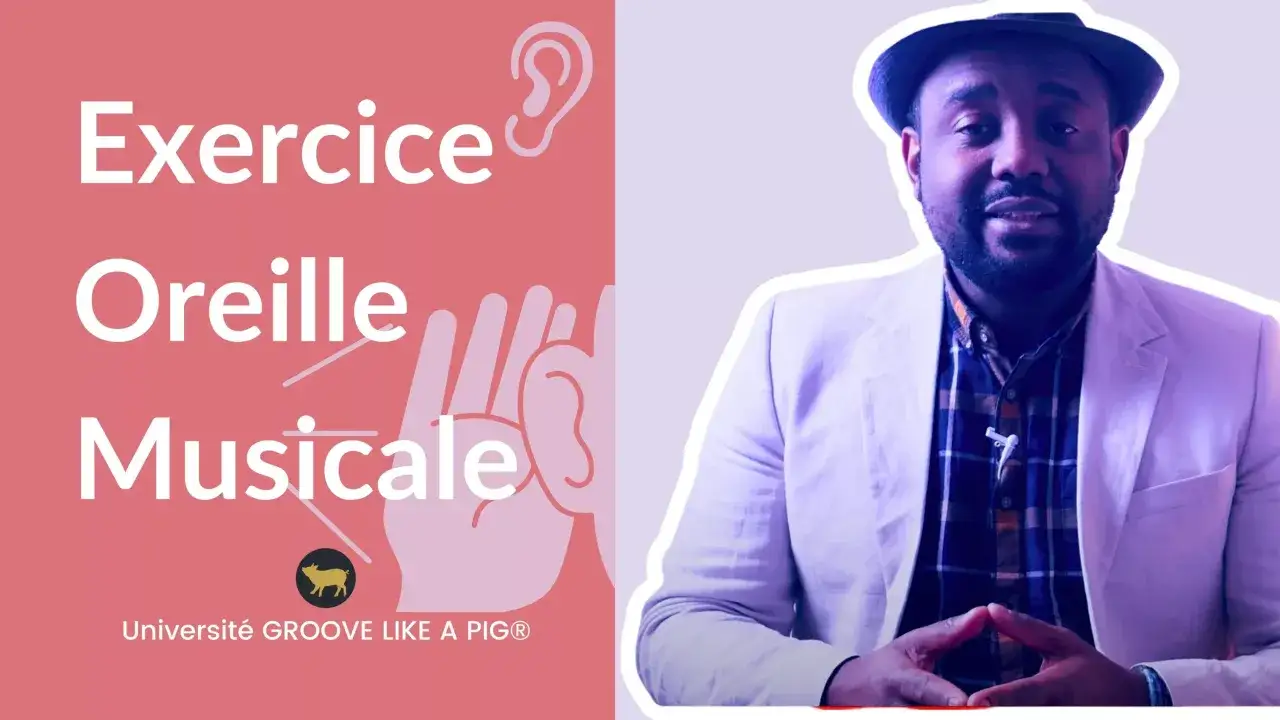 Exercice Oreille Musicale : un homme souriant, chapeaut&eacute;, porte une veste claire. Le texte annonce un entra&icirc;nement pour les oreilles musicales.