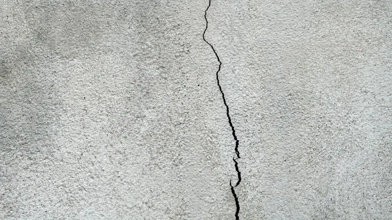 En spricka löper genom en grå, putsad fasad. Dags att laga putsad fasad för att förhindra att skadan blir värre.