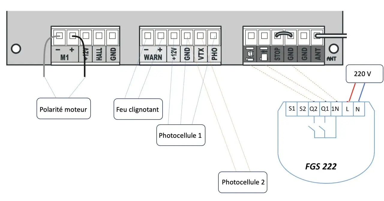 Schéma de câblage pour une installation Avidsen Styrka 310 : moteur, feu clignotant, photocellules et alimentation 220V.
