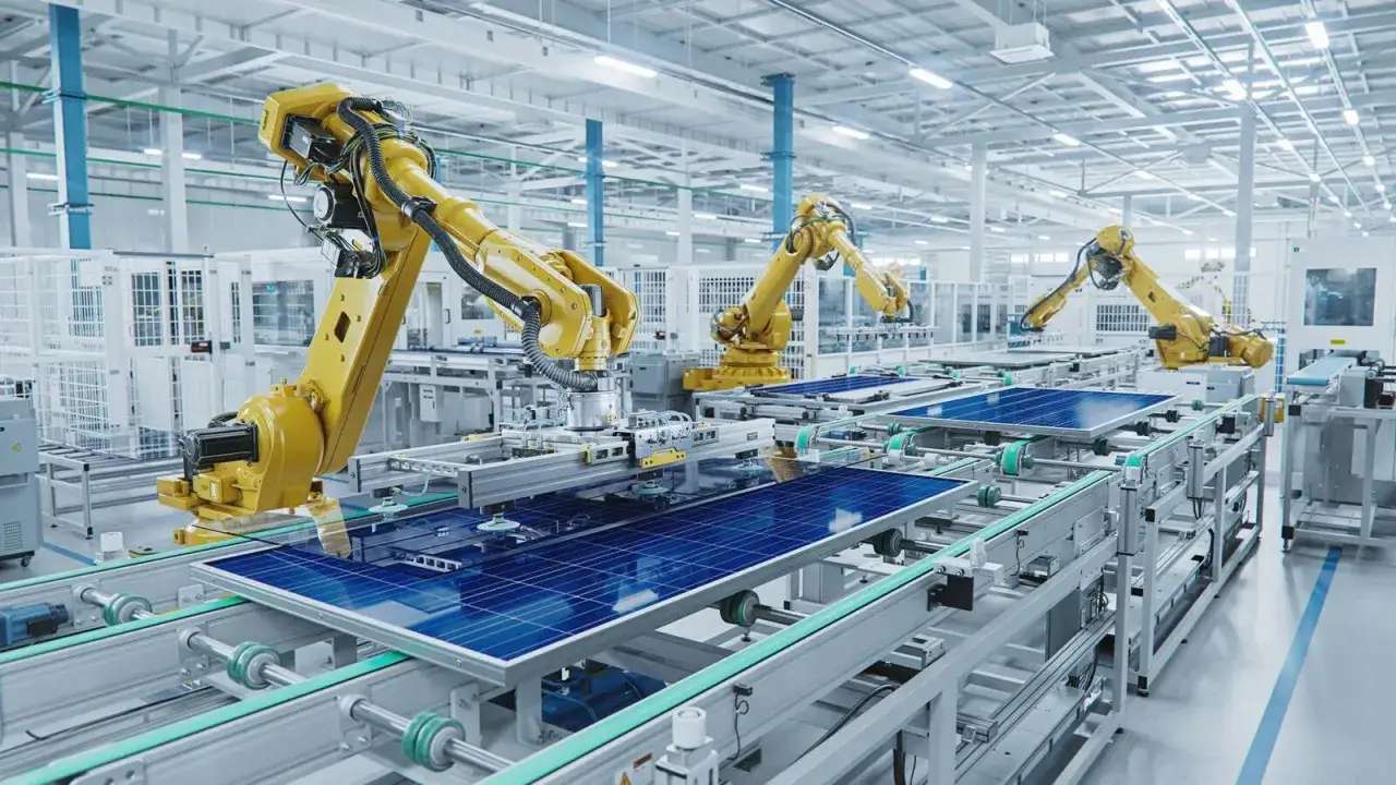 Automatyczna linia produkcyjna paneli słonecznych, gdzie żółte roboty współpracują z zaawansowanymi czujnikami przemysłowymi, zapewniając precyzję i wydajność.
