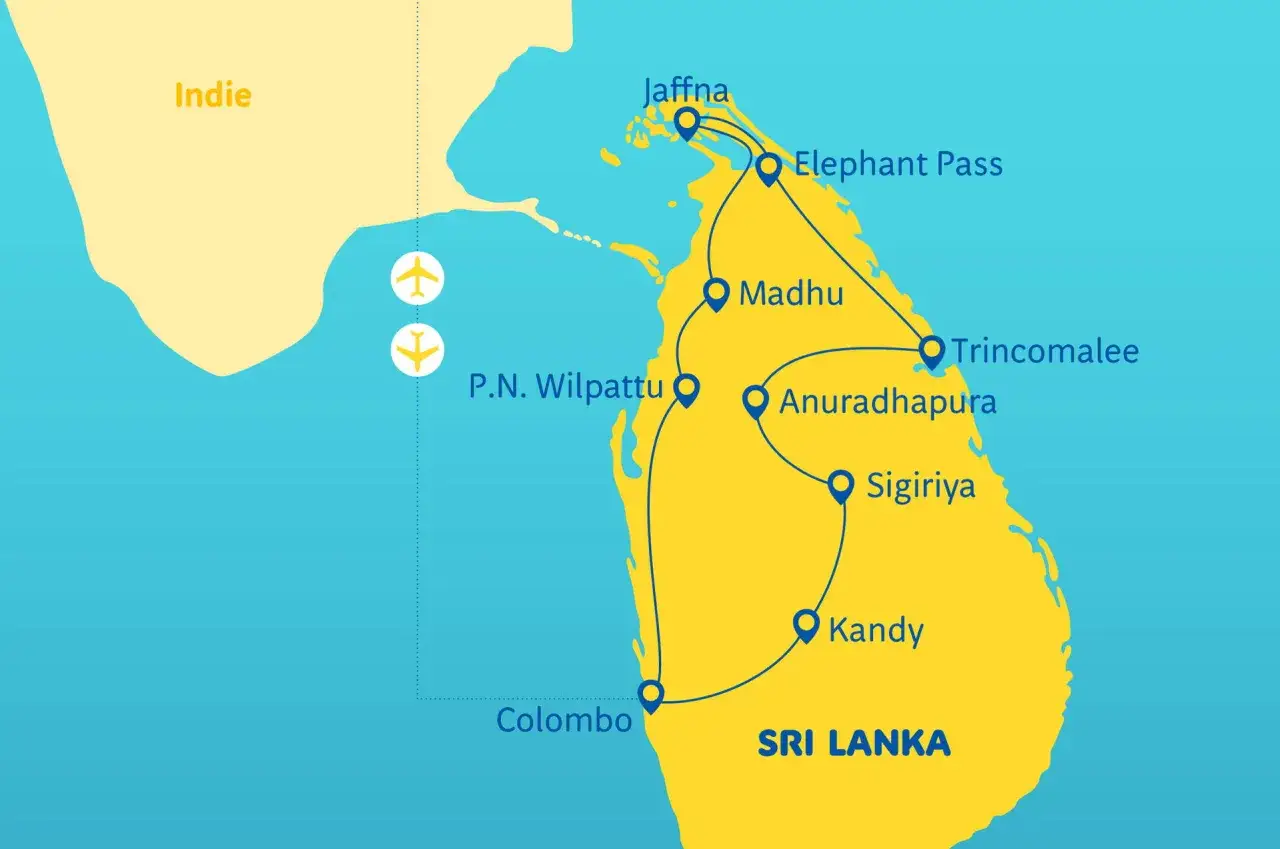 Mapa z trasą podróży po Sri Lance: Indie, Colombo, Kandy, Sigiriya, Anuradhapura, Trincomalee, Madhu, P.N. Wilpattu, Elephant Pass, Jaffna.