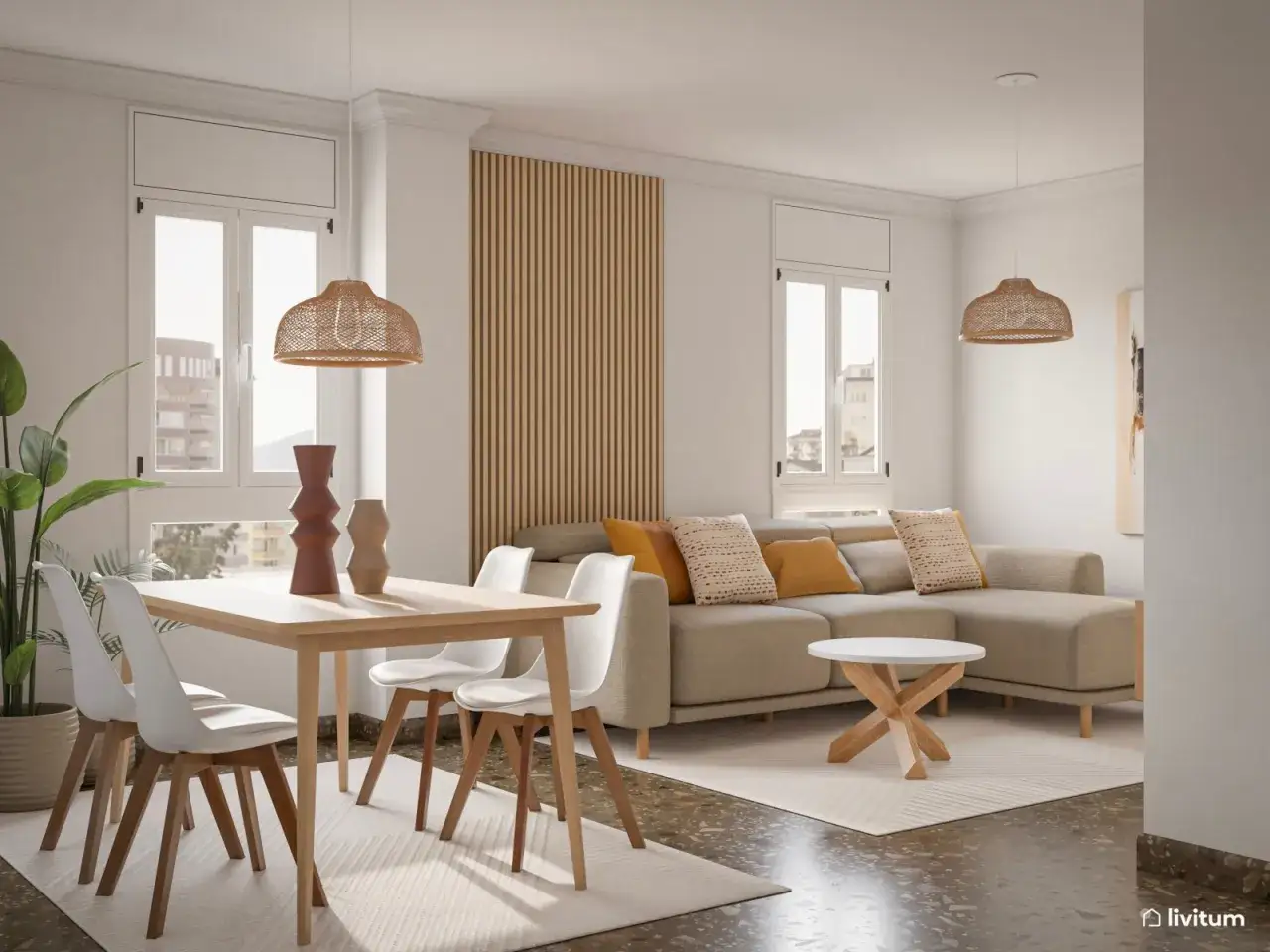 Sal&oacute;n estilo n&oacute;rdico con sof&aacute; beige, mesa de madera y sillas blancas. Pared con lamas de madera y l&aacute;mparas de mimbre.