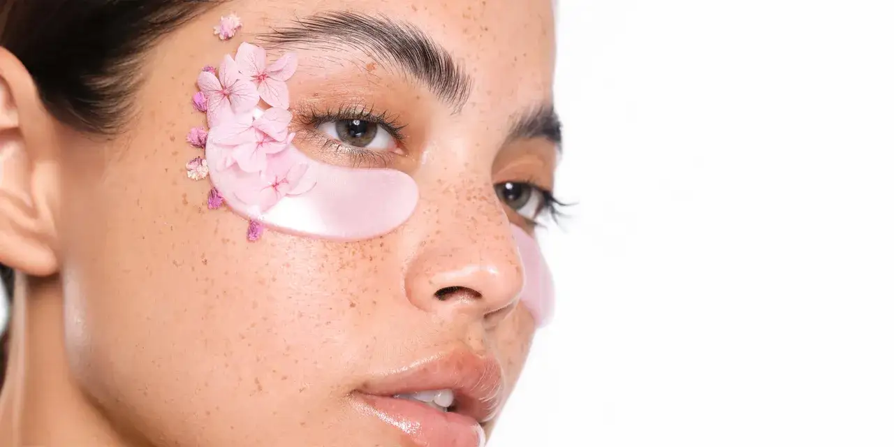 Occhi con patch rosa e petali di fiori, per un contorno occhi disidratato che ritrova freschezza e luminosità.