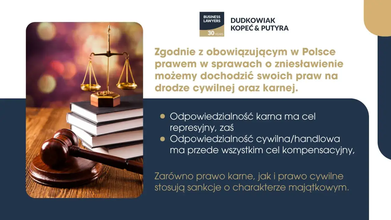 Prawo cywilne i karne chronią przed zniesławieniem. Waga i młotek sędziowski symbolizują sprawiedliwość i dochodzenie praw.