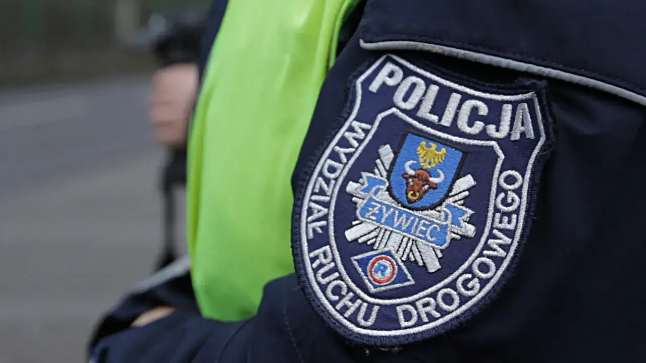 Policjant w kamizelce odblaskowej. Widoczny emblemat Wydziału Ruchu Drogowego Policji. Zgłoś pijanego kierowcę!