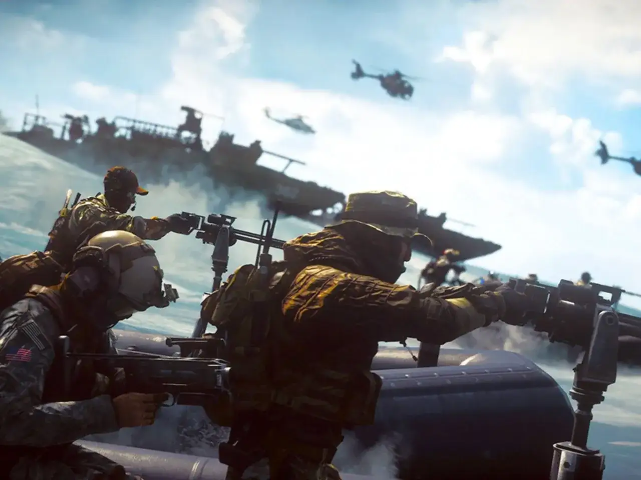 Soldaten in Schlauchbooten feuern auf dem Wasser, während im Hintergrund Schiffe und Helikopter zu sehen sind. Battlefield 6 News.