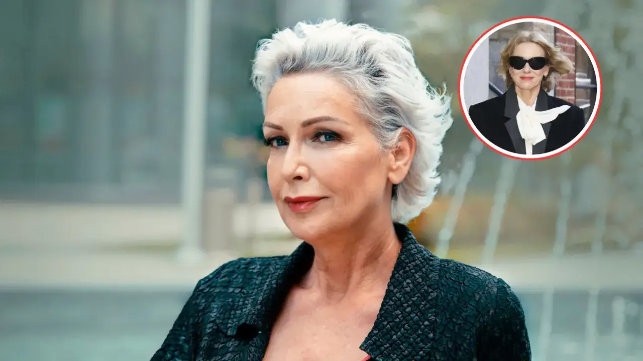 Mujer con pelo corto blanco moderno, mirada intensa y chaqueta texturizada. Un círculo insertado muestra otra imagen de ella con gafas de sol y traje.
