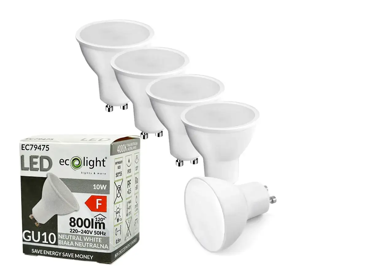 Zestaw żarówek LED GU10 w neutralnej bieli. Różne rodzaje żarówek gu10 dostępne w opakowaniu.